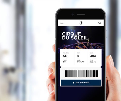Mobile event ticket with barcode and reminder.