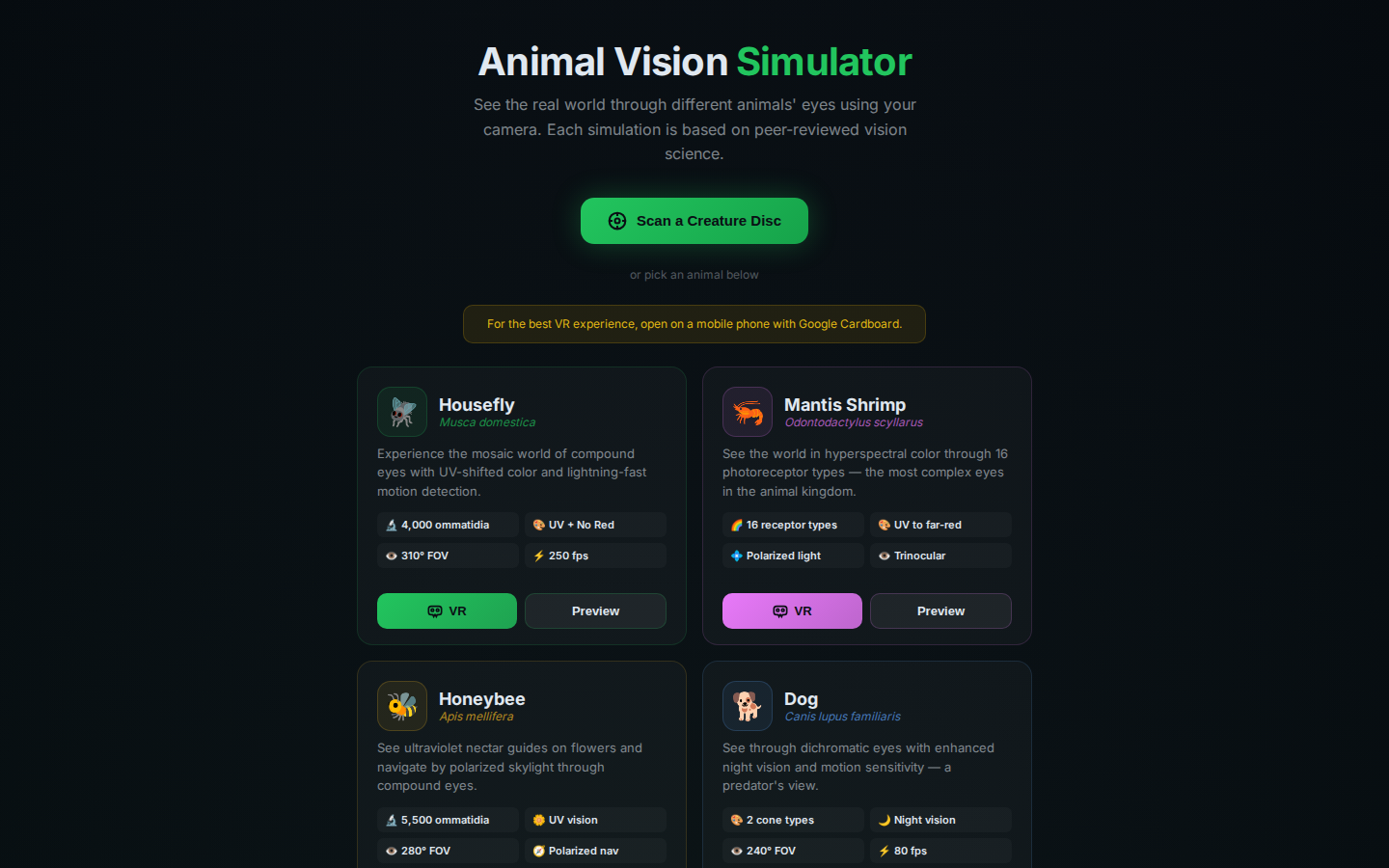 The home screen: pick an animal, then preview it or view it in VR.