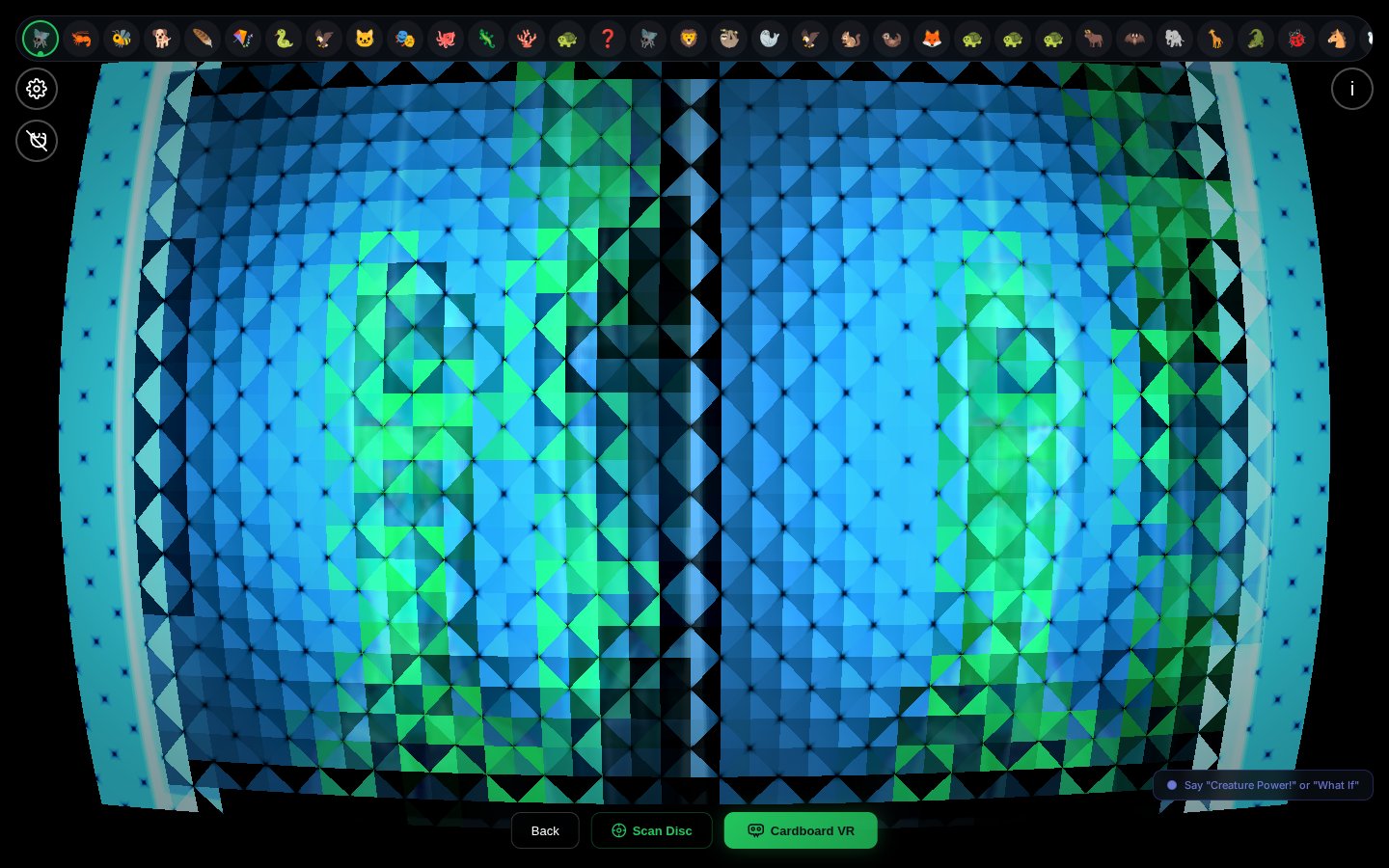 Housefly: a compound-eye mosaic on the live camera, split for each eye in Cardboard VR.