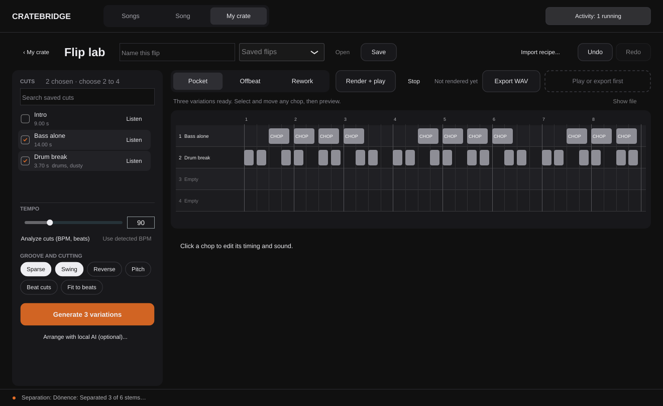 Flip Lab development build: selected bass and drum cuts, groove controls and generated pattern variations.