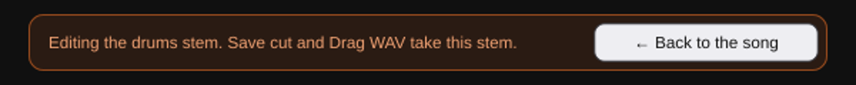 Trimming a single stem: an explicit message explains what Save cut and Drag WAV will use.