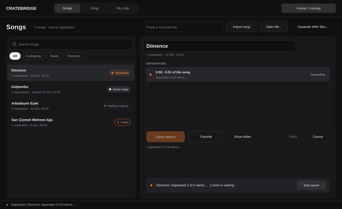 Songs view from a development build: imported songs, separation settings and background jobs.