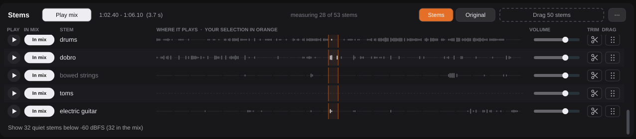 Latest Stems card iteration, captured while measuring a 53-stem set. In mix / Out controls which stems are heard and exported.