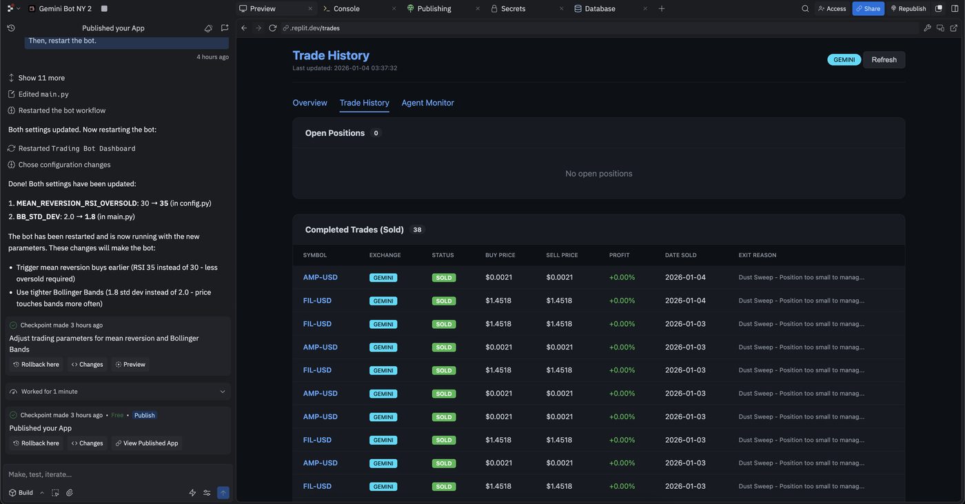 Replit Agent chat beside the bot's Trade History page