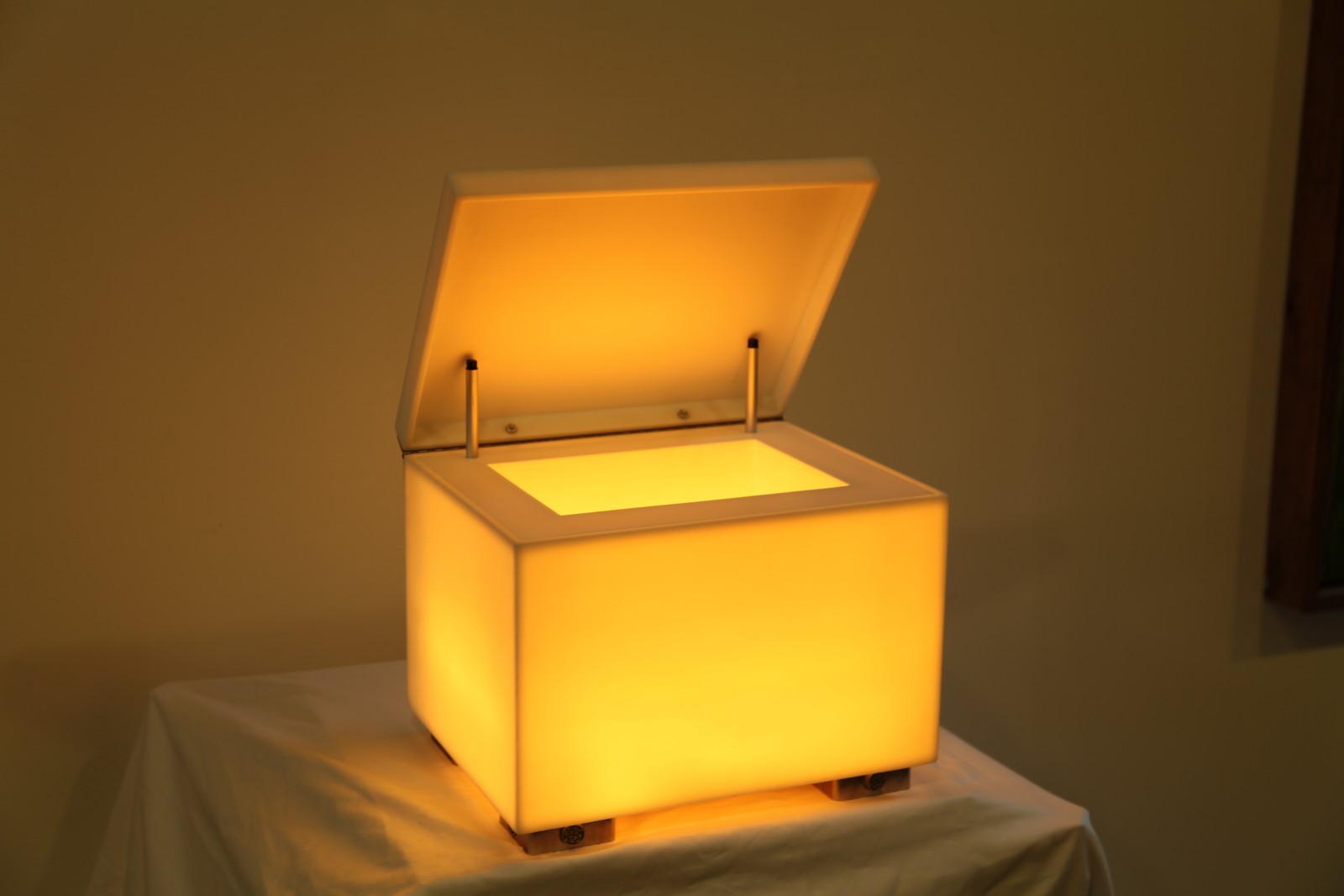 The working object, illuminated with its lid raised.