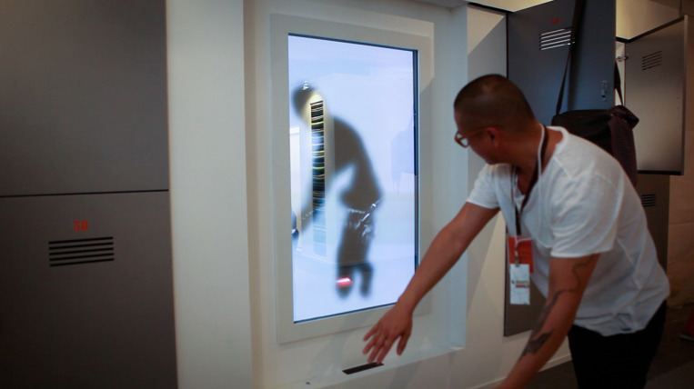 The mirror integrated into the locker room set.