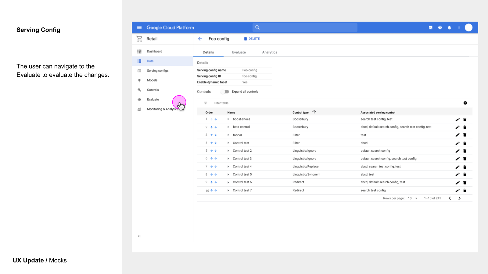 Serving configuration design: ordering search controls and opening evaluation.