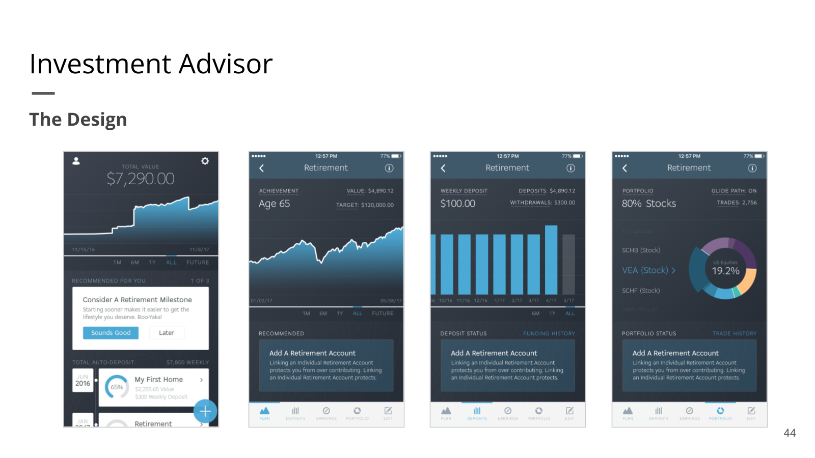 Wisebanyan interface designs: overview, retirement goal, deposits, and portfolio allocation.